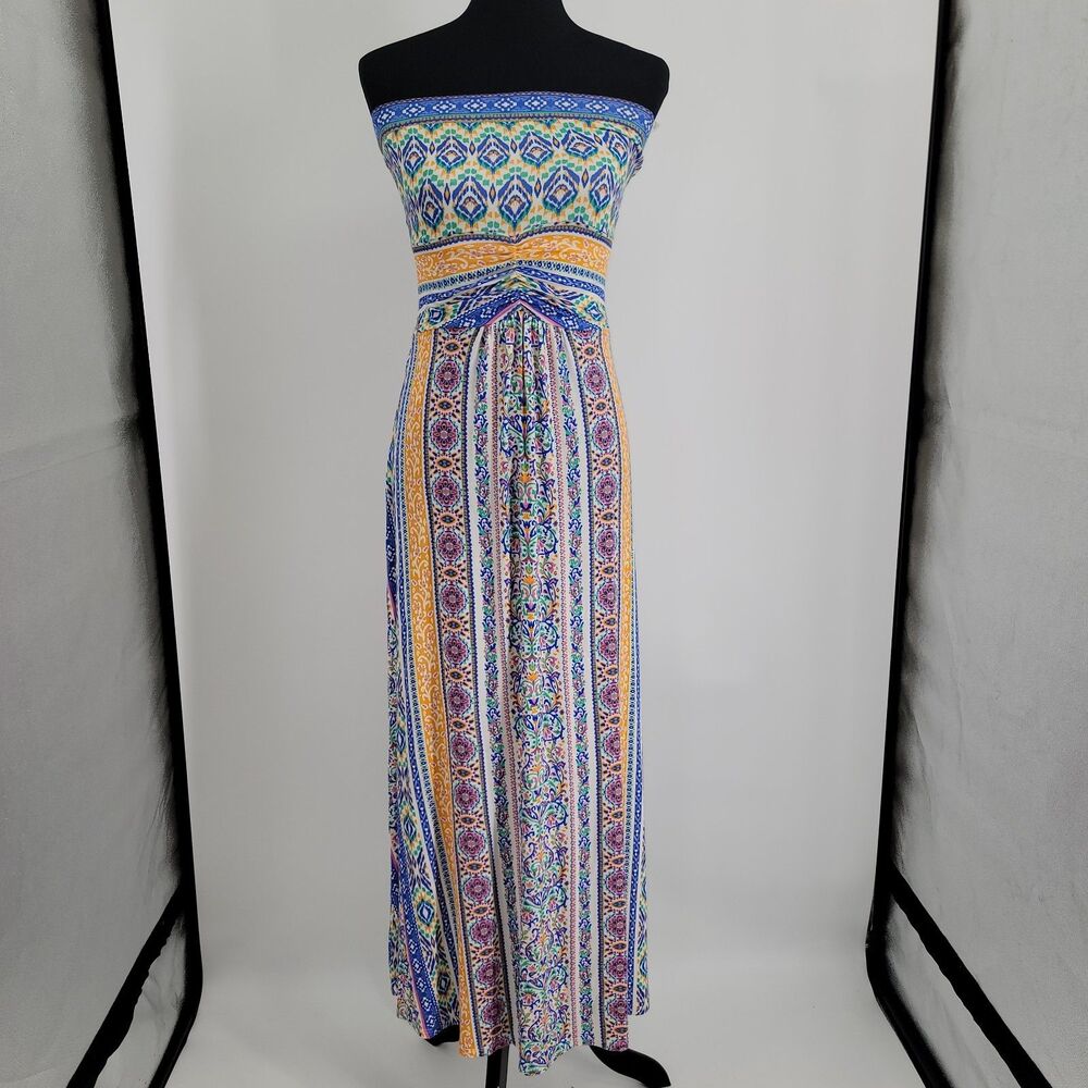 Hale Bob Womens XS Strapless Boho Border Print Empire Waist Maxi Dress NWT